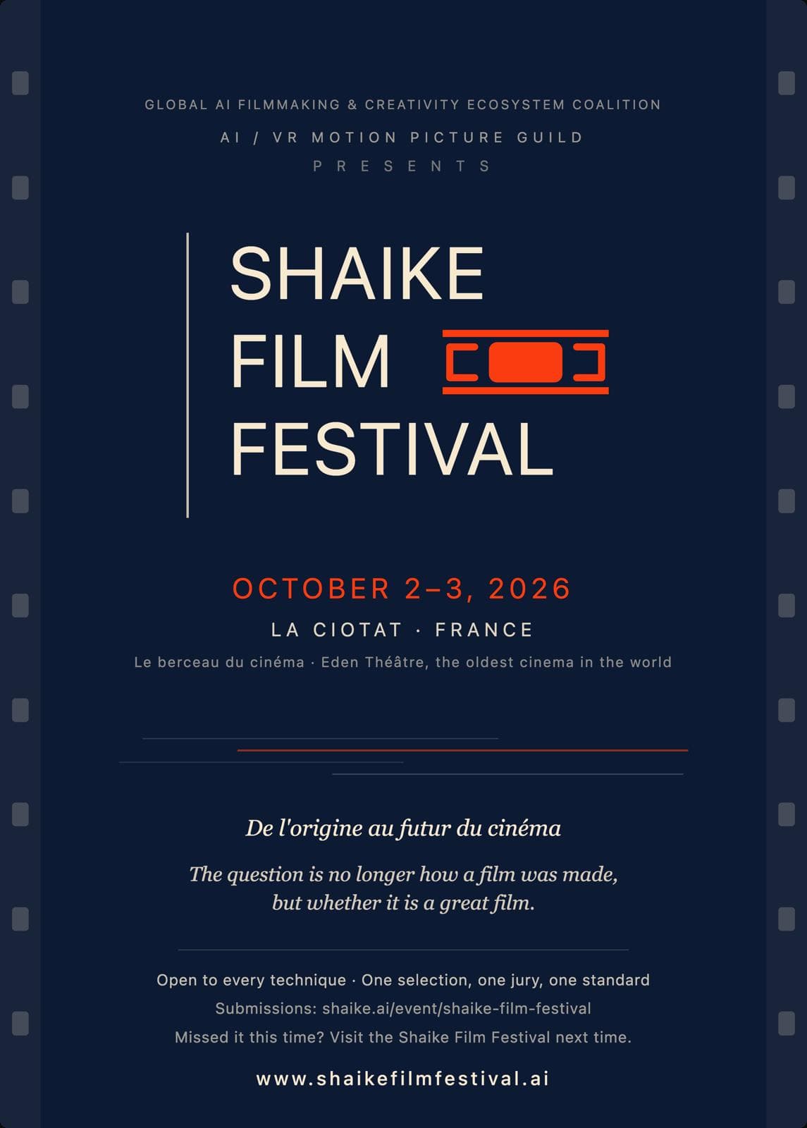 SHAIKE Film Festival poster — October 2–3, 2026, La Ciotat, France, Eden Théâtre, the oldest cinema in the world. Presented by the Global AI Filmmaking & Creativity Ecosystem Coalition and the AI/VR Motion Picture Guild.